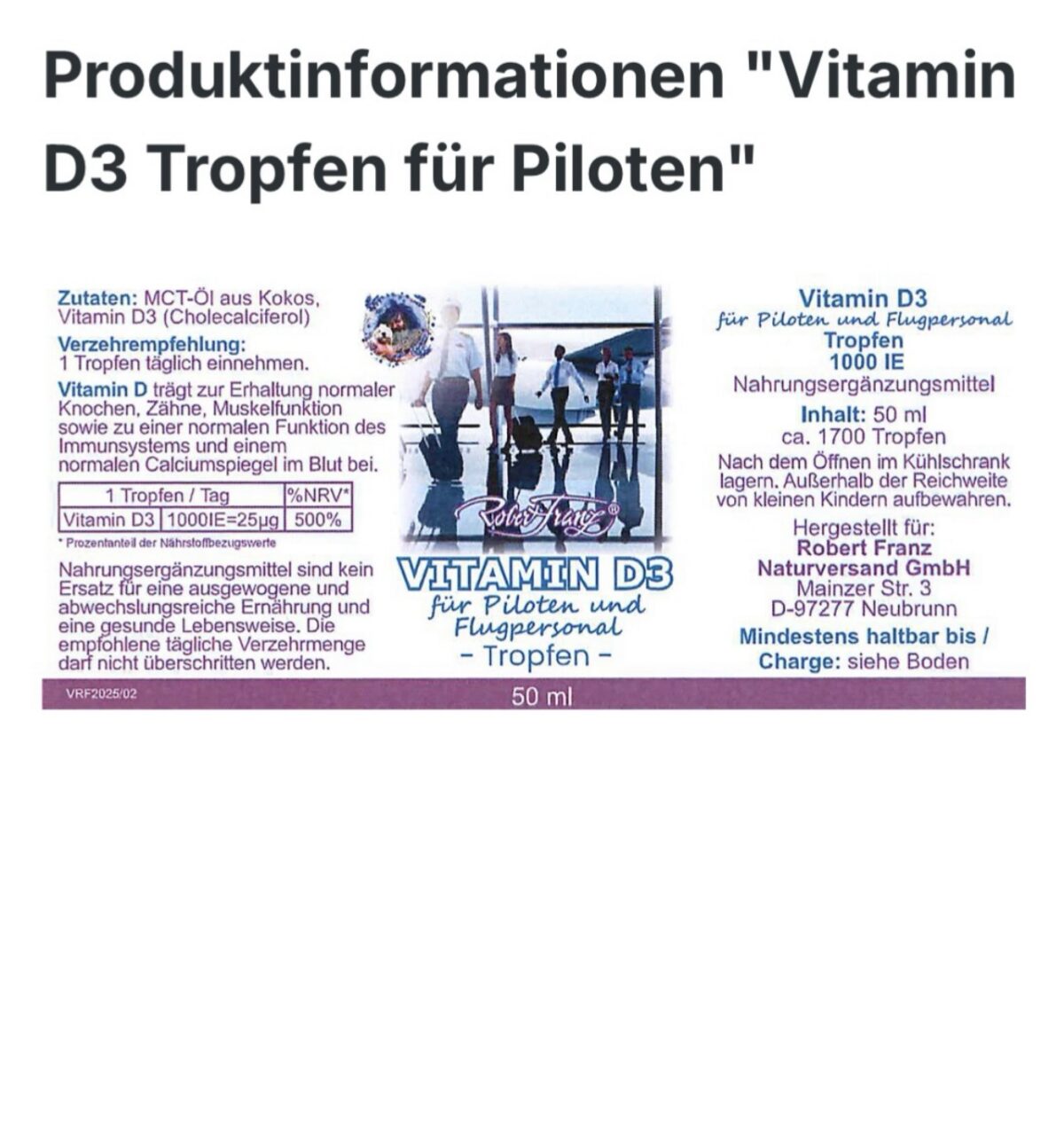 Vitamin D3 Tropfen 25 μg, Robert Franz 50ml – Bild 3